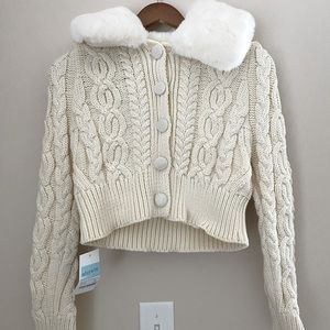Storets | Faux fur collar knit cardigan, cream; NWT